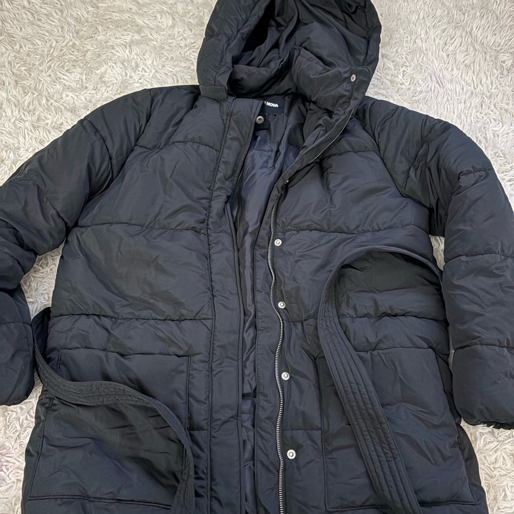 Black Puffer Jacket with Hoodie and belt